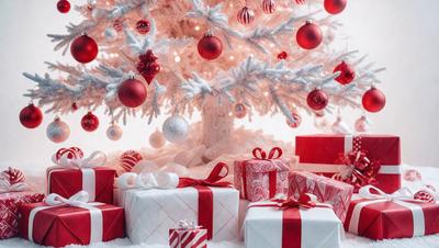 The primary subject of the image is a Christmas tree, which is adorned with various ornaments and presents. The setting is a snowy environment, creating a festive and cozy atmosphere. The visual style is a combination of photo and digital art, as the tree and ornaments are realistically depicted, while the overall composition and arrangement of the presents are more artistic. The colors and mood of the image are predominantly red and white, symbolizing the holiday season and evoking feelings of warmth and joy